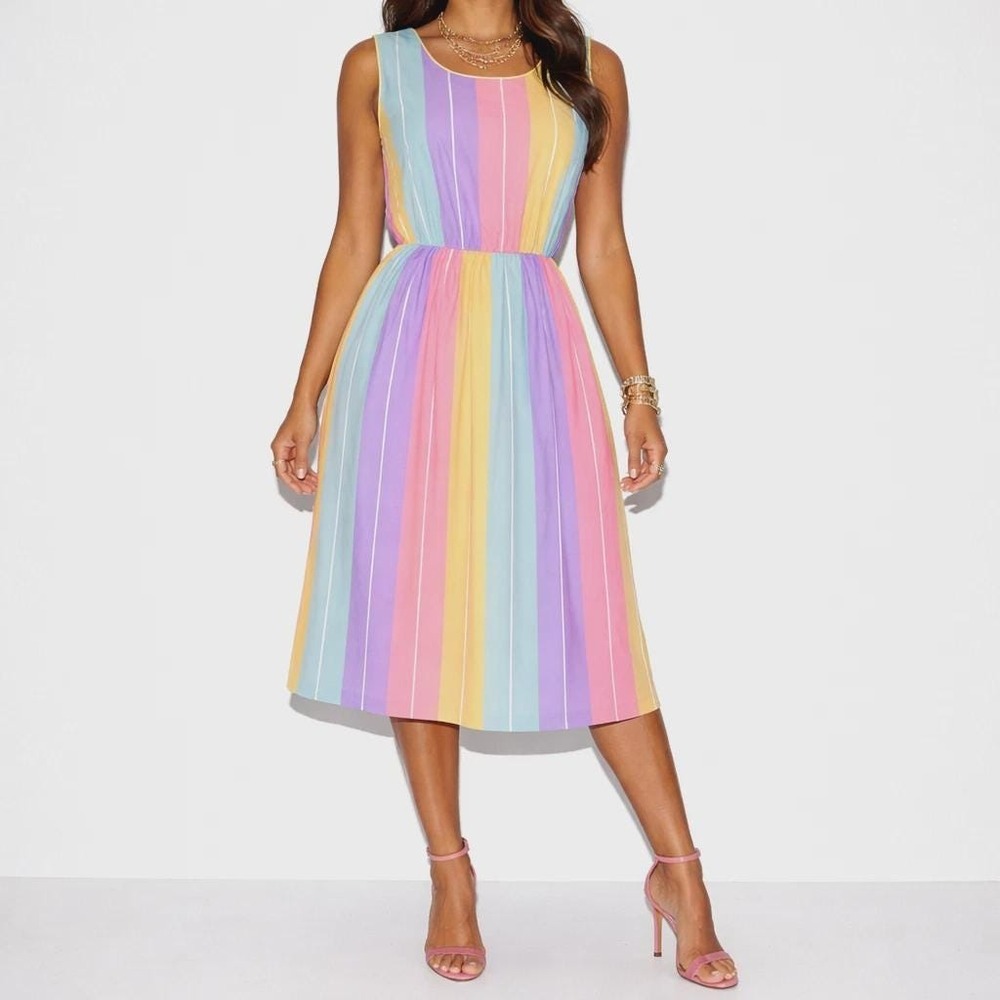 70s Vintage Colorful Striped Blouson Dress Sleeveless Elastic Waist Midi Women M